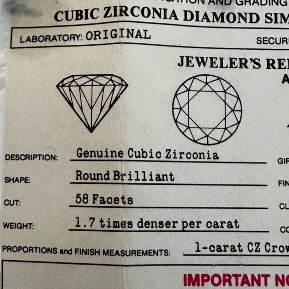 Vtg 1-Carat CZ Crown Spread 6.5MM Stone Lindenwold Jewelers with Certificate - Picture 5 of 7